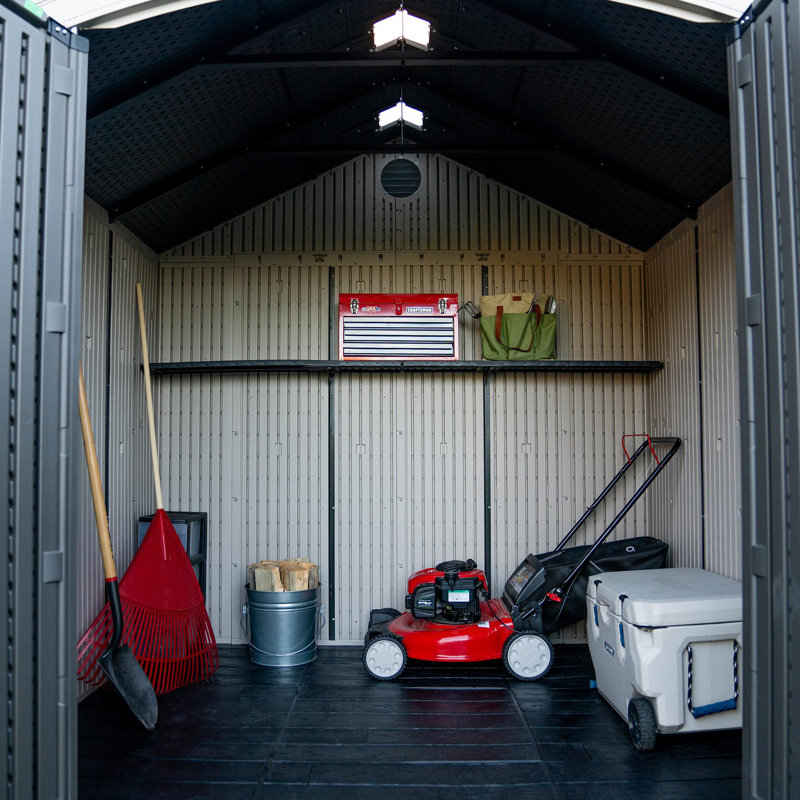 High-Density Polyethylene Outdoor Storage Shed with Steel-Reinforced Construction, 95" H x 96" W x 90" D
