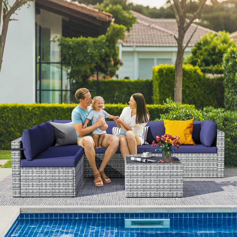 Ensemble de conversation modulaire en rotin 7 pièces avec coussins Arwynn, bleu, Grey