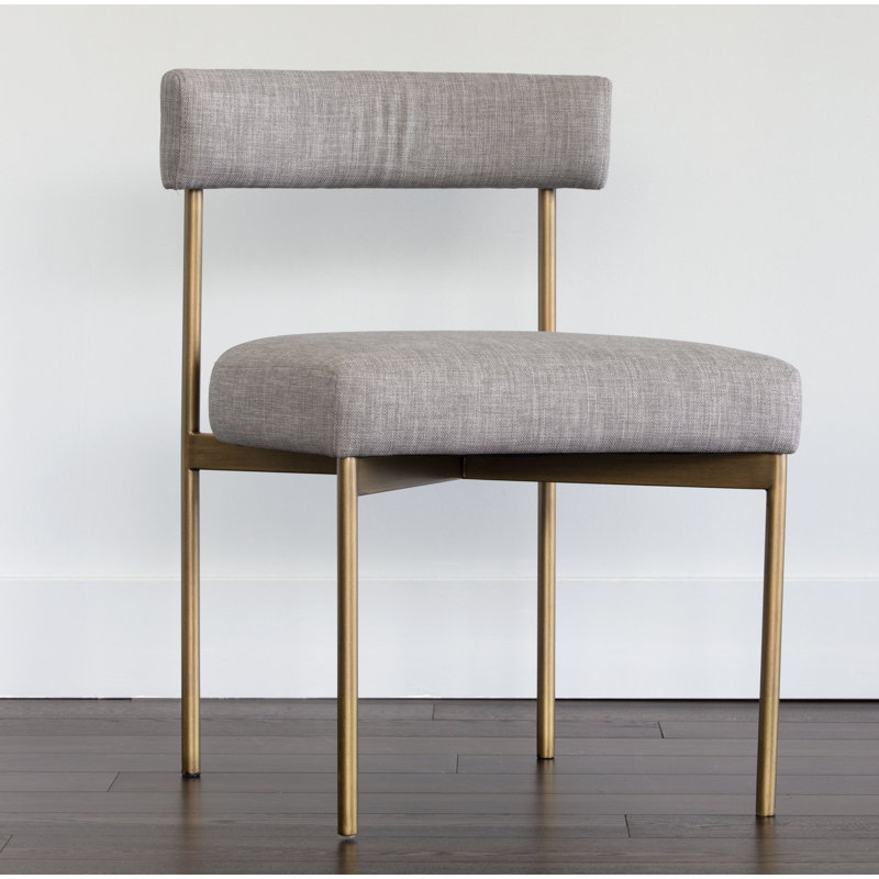 Seneca Upholstered Dining Chair, Dark Gray Performance Basketweave, Antique Brass
