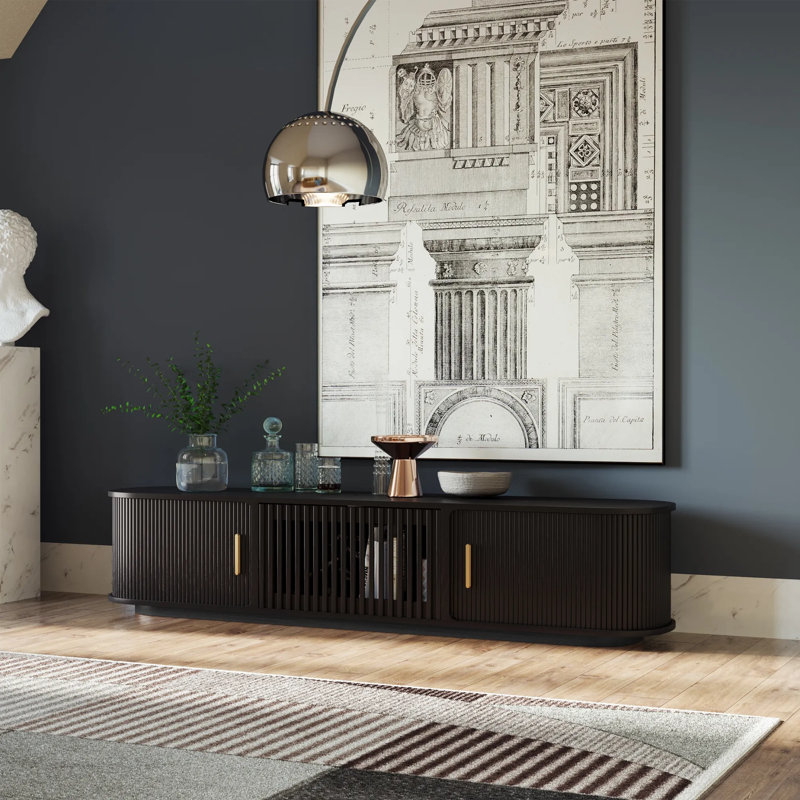 Mid-Century Modern Tambour Door TV Stand, Fully-Assembled, Black, 16.54"H x 79"L x 15.75"W