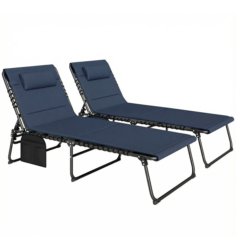 Outsunny Folding Sun Loungers Set of 2 Headrest Side Pocket Dark Blue
