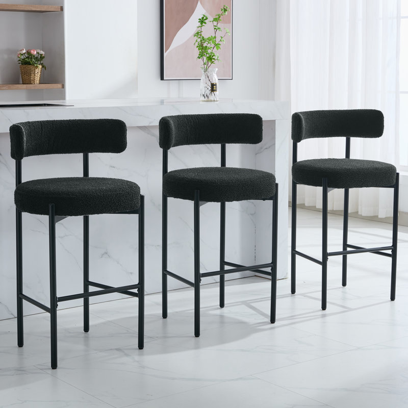 30" Bouclé Upholstered Bar Stool with Curved Back and Metal Frame, Black, 3
