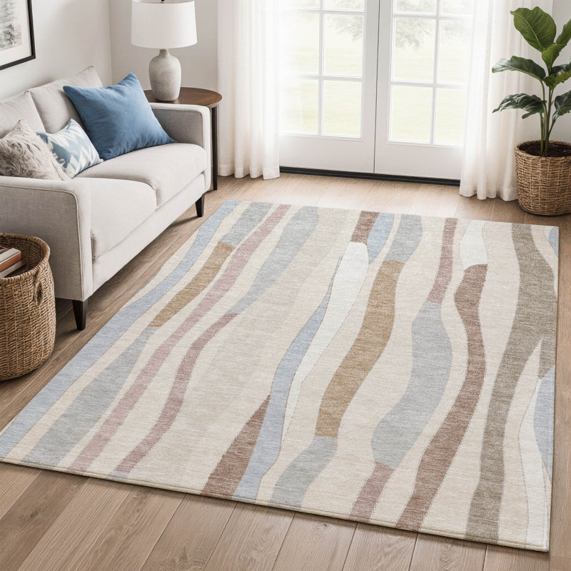 Premium Machine Washable Mayfield AMF2188 Striped Rug, Beige, 5' x 7'6"