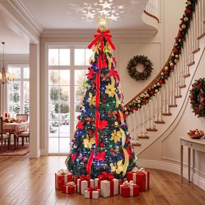 Arbre de Noël artificiel pré-éclairé Pop-Up, sapin mince pliable avec 200 lumières DEL et housse de projecteur en forme d'étoile, installation facile et pliable, décoration intérieure des Fêtes - rouge + vert - 210 cm (environ 7 pi)