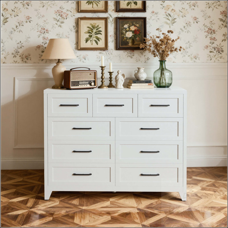 9-Drawer Tall Dresser - Space-Saving Metal Storage Cabinet, White