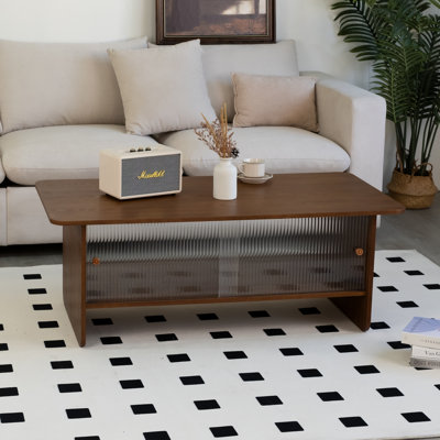 Table basse rectangulaire moderne minimaliste de 47 pouces avec une armoire de rangement avec portes coulissantes en verre, idéale pour les salons, les chambres à coucher et les bureaux, facile à assembler, brun
