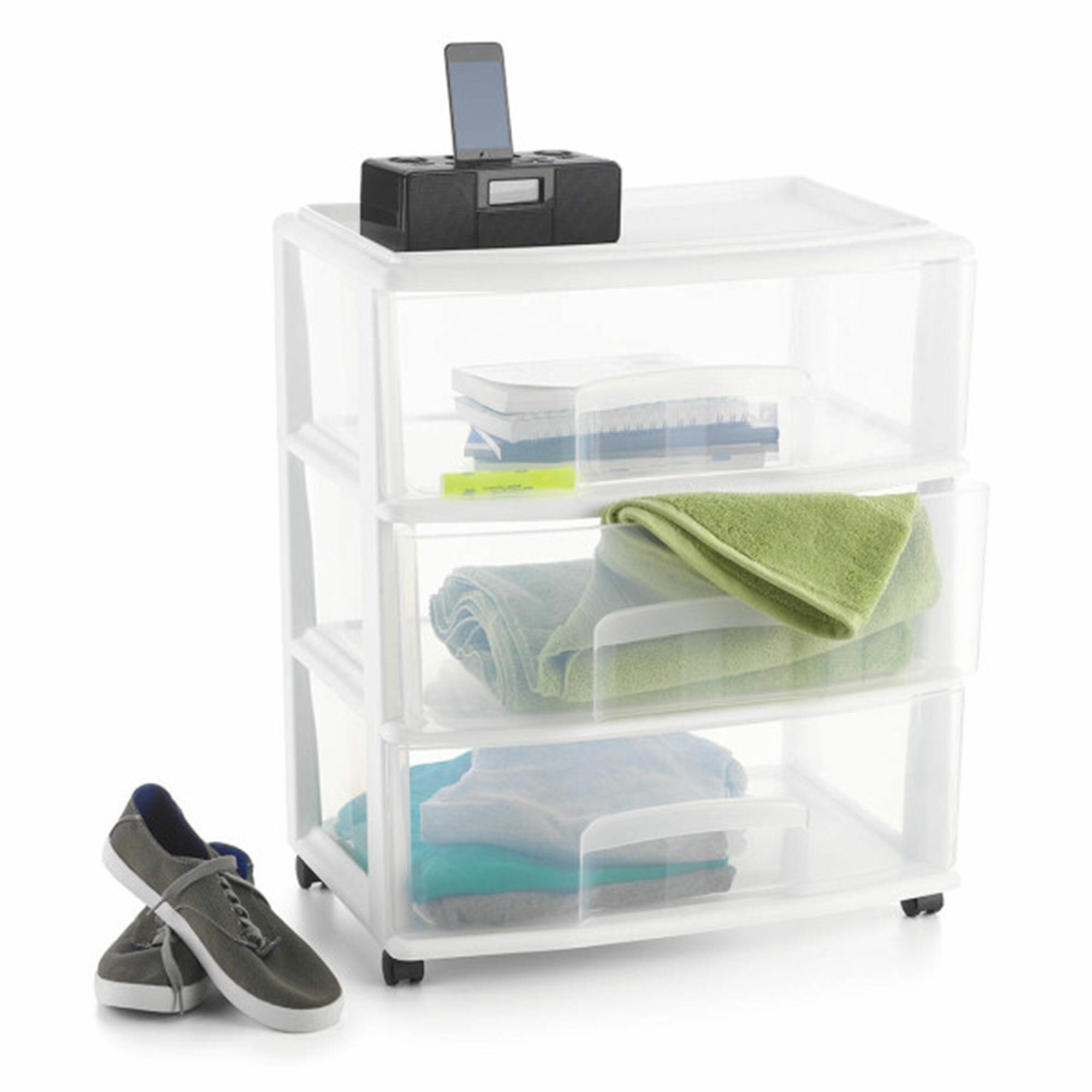 Homz Plastic 3 Clear Drawer Small Rolling Storage Container Tower