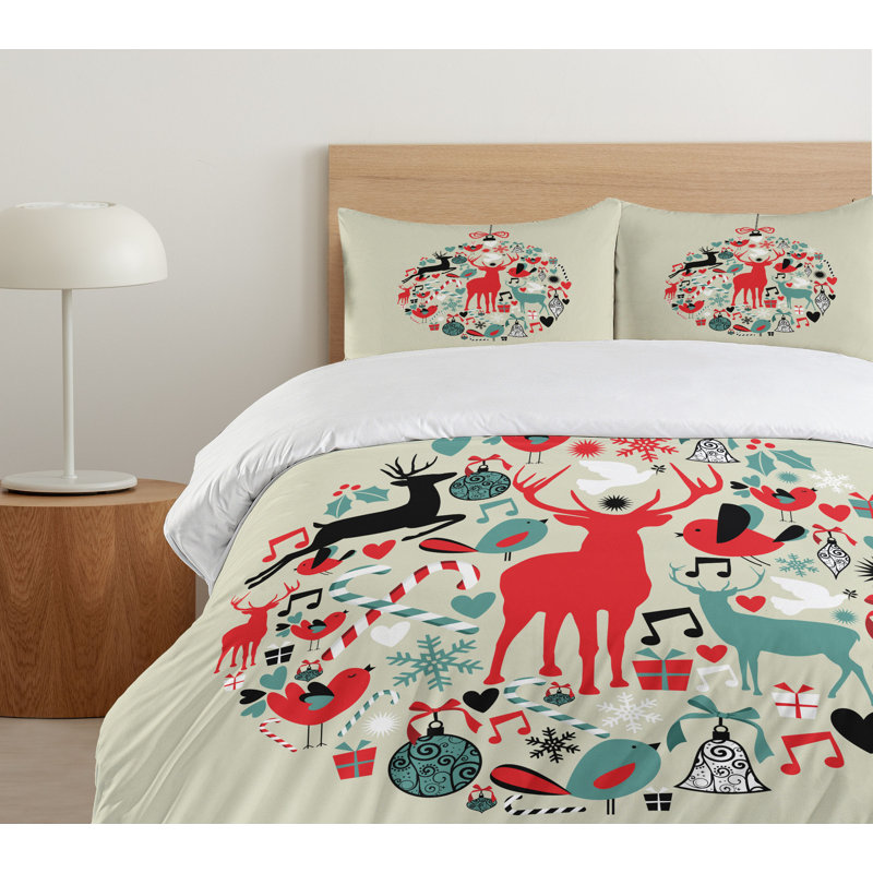 Beige and Red Christmas Reindeer Queen Duvet Cover Set