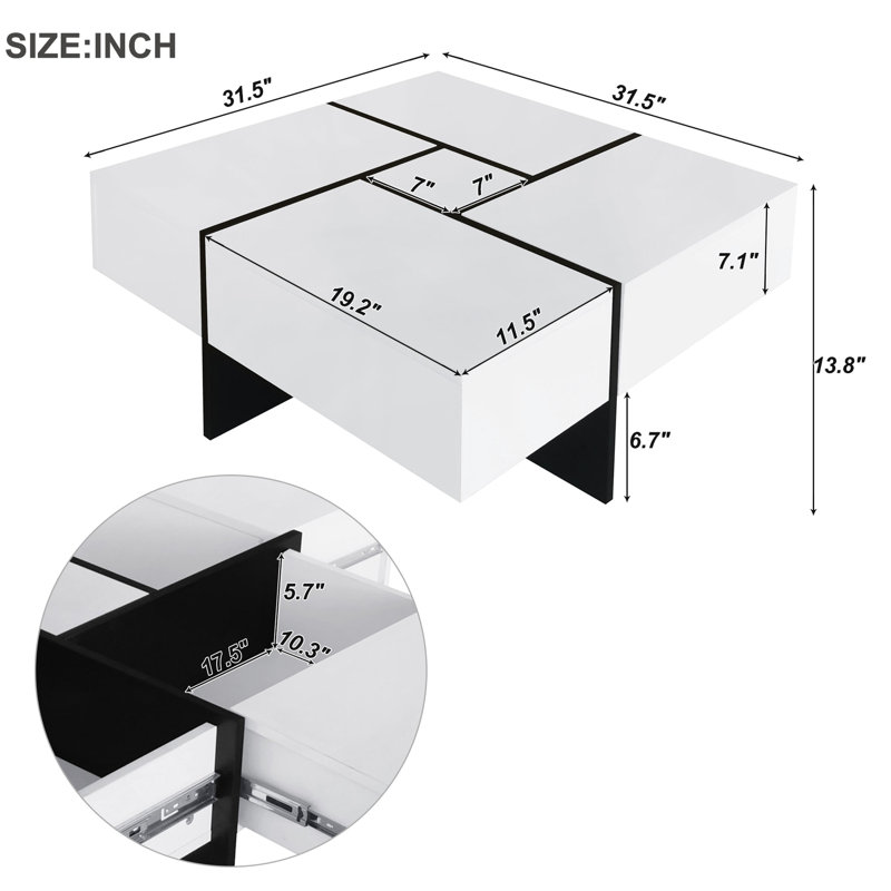 Table basse enduite avec rangement caché et coulissante extensible pour un salon élégant à 4 zones, Blanc