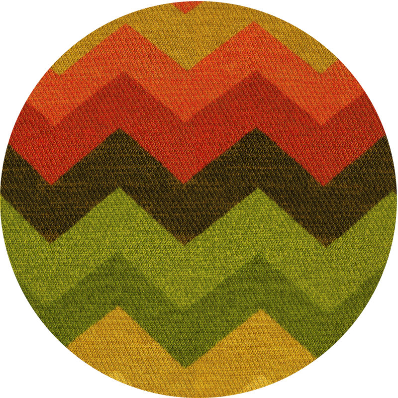 Tapis vert / orange / jaune à chevrons, Rond 4 pi