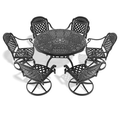 7 Outdoor Dining Furniture : 6 Swivel Chairs & 48.03" Round Table, Aluminum Black Frame, To Elements With Comfortable - Covering