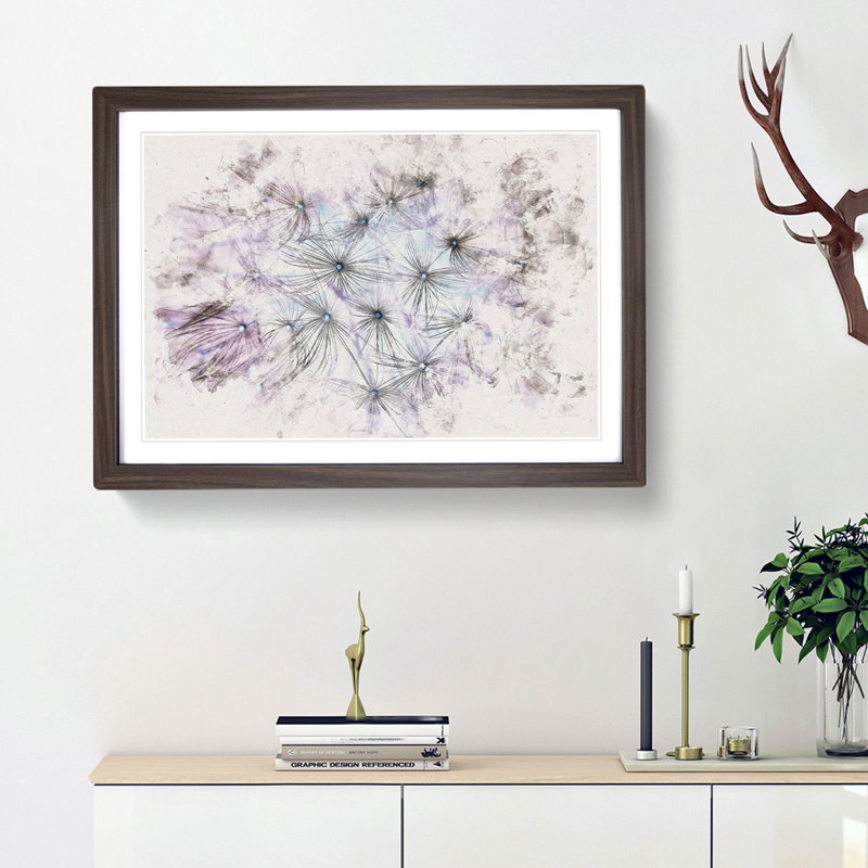 Dandelion Seeds In Blue And Pink - Single Picture Frame Painting on MDF, Walnut Framed, 36cm H x 48cm W x 2cm D