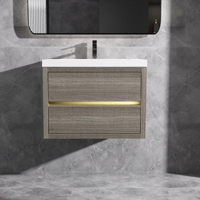 Wall-Mounted Floating Bath Vanity with Single Solid Surface Sink Top in White
