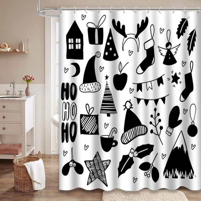 Rideau de douche Christmas Doodles avec 12 crochets, L 72 po x l 78 po