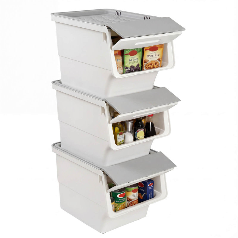 3 bacs de rangement sur roulettes avec couvercle ouvert pour garde-robe de cuisine, Blanc + gris