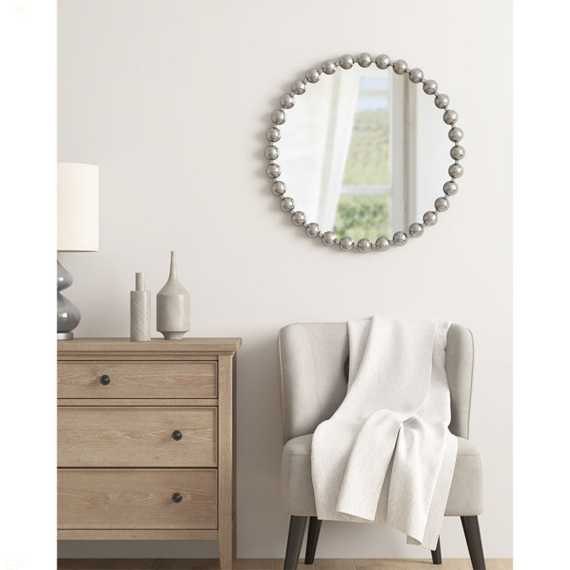 Beaded Round Wall Mirror 27"D, Silver
