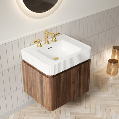 Meuble-lavabo de salle de bain GECO 24, armoire de rangement flottante, lavabo intégré à surface solide blanche avec 3 trous de robinet pré-percés, démonté, robinet et drain exclus, couleur grain de bois noyer