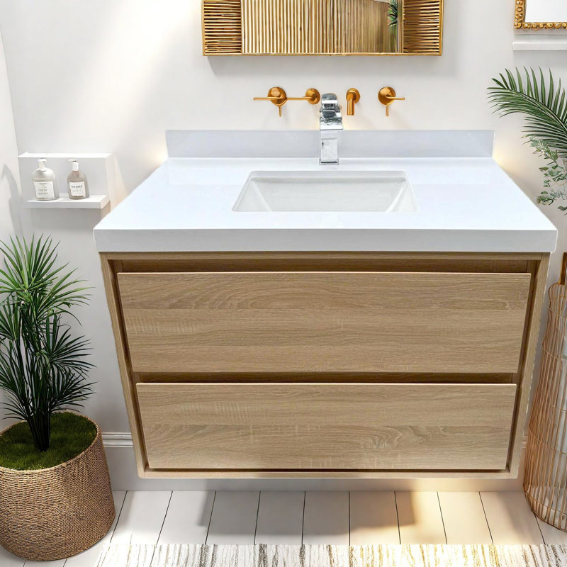 Meuble-lavabo mural moderne avec lavabo en bois, solution de salle de bain peu encombrante