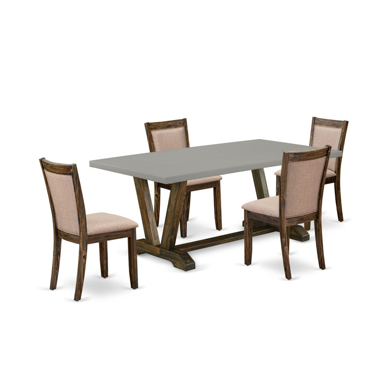 L'ensemble 5 pièces comprend une table rectangulaire en ciment et 4 chaises Parson en tissu de lin kaki foncé avec dossier haut - finition jacobine patinée