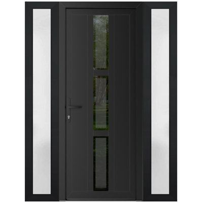 Front Exterior Prehung uPVC Metal-Plastic Manux 8112 Matte Black 2 Side Sidelite Transoms Office Commercial and Residential Doors Entrance Patio Garage 60 x 80 (W12+36+12 x H80) Right hand Inswing