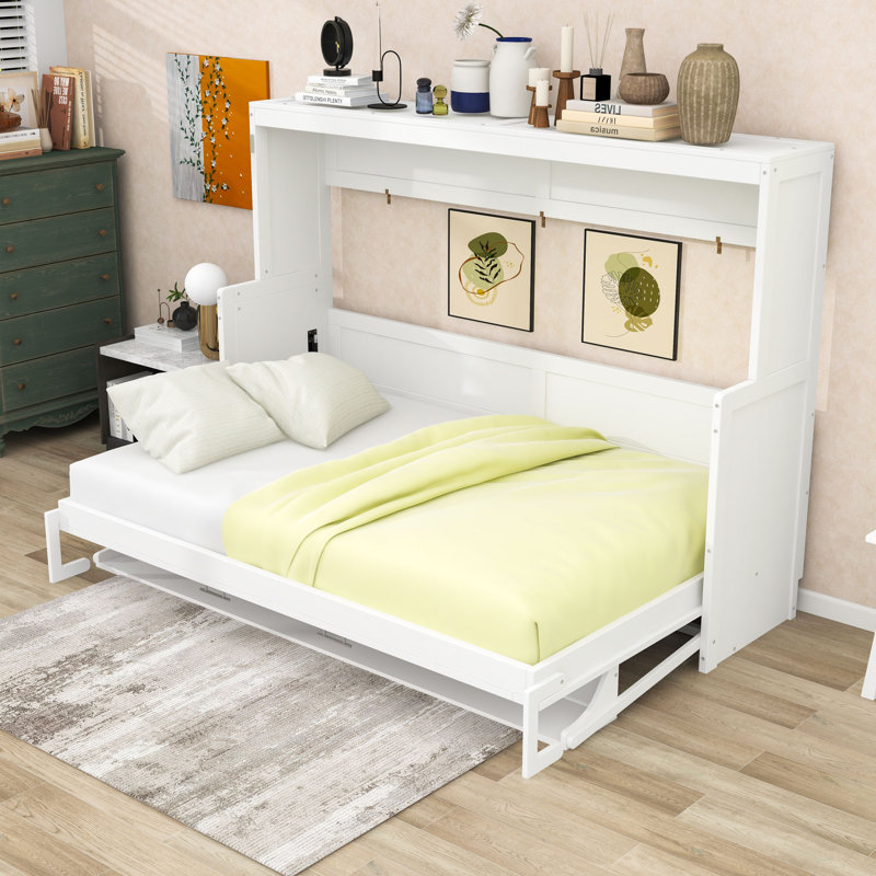 Lit escamotable en bois avec système de levage hydraulique et bureau intégré, Double, Blanc