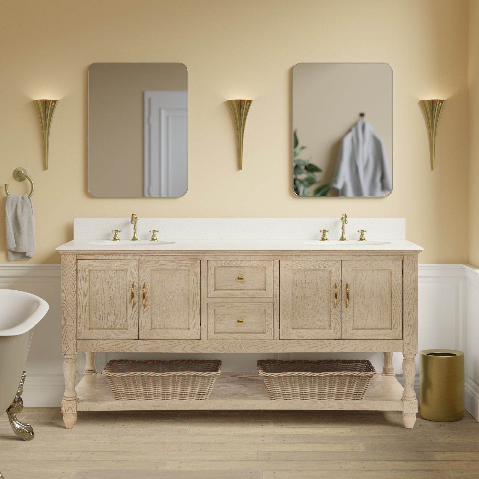 Hampton 72'' Double Bathroom Vanity, Engineered White, Greige Oak