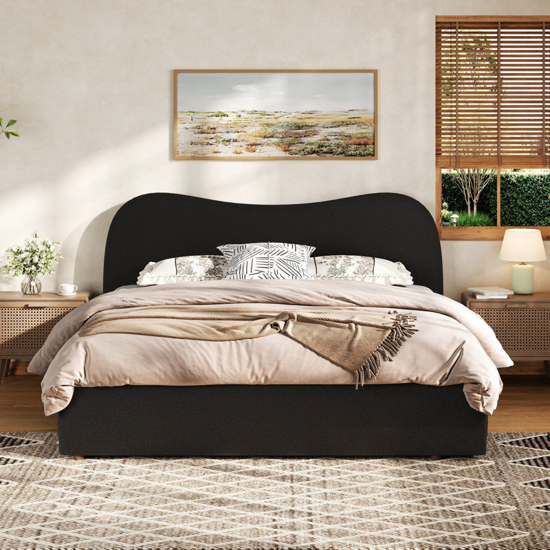 Grand grand lit plateforme tapissier avec lattes en bois, Noir