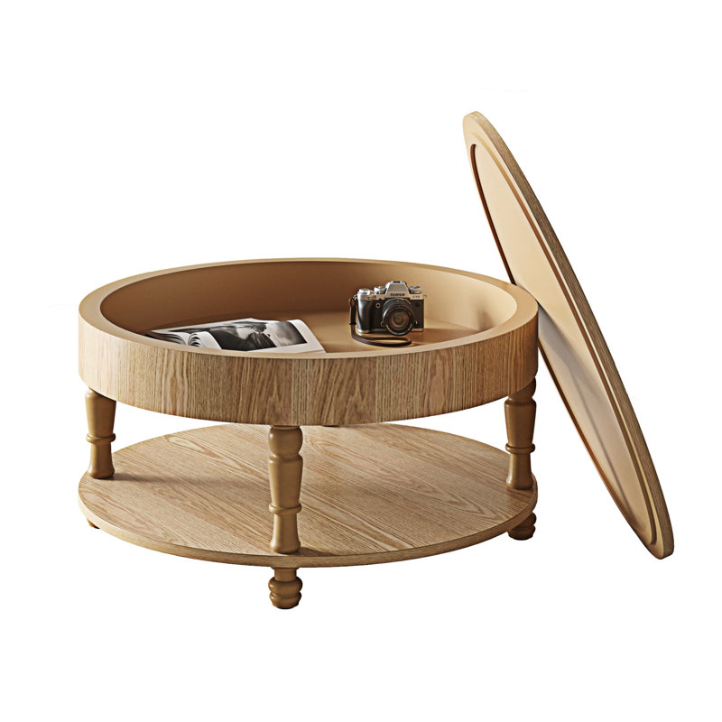 Table basse ronde avec rangement, Bois naturel