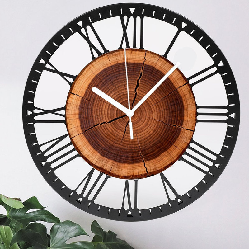 Horloge murale ronde en fer 10 po avec mouvement à quartz silencieux, chiffres romains, impression UV, Chêne