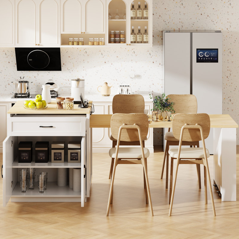 82.7 Inch Extendable Kitchen Island Dining Table For 2-6, White Wood Grain, Double Storage, 2 Ac Outlets, 1 , Type-C, Drawers With 82.7", White, Storage Design, Drawers, Side Shelves, Easy Maintenance