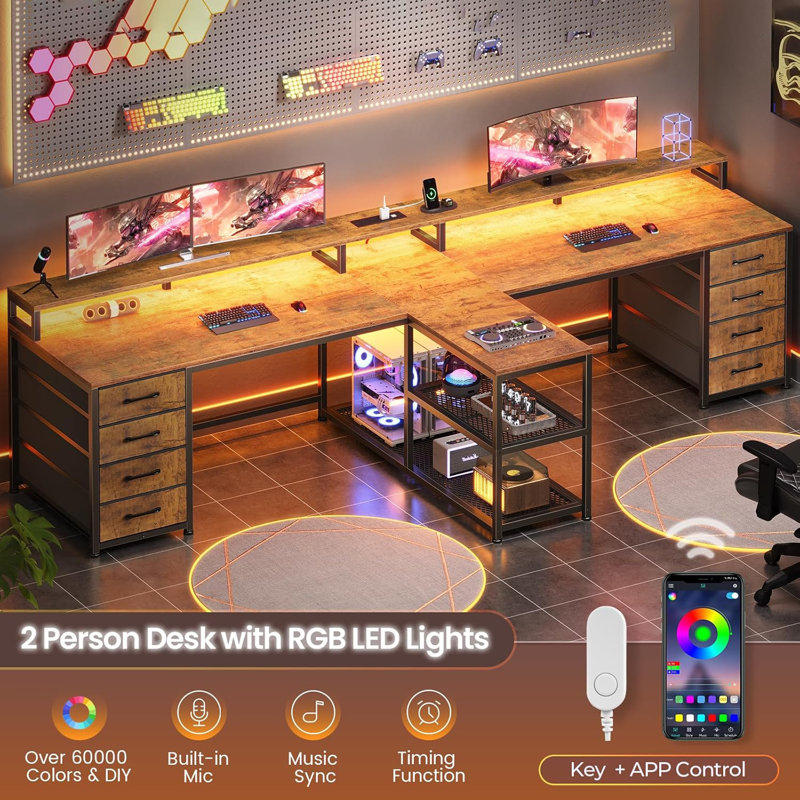 94.5" 2 Person Gaming Desk, Long Office Computer Desk With 8 Drawers & Led Lights, Brown