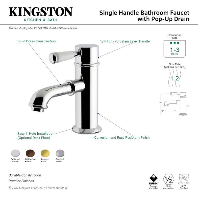 Kingston Brass Paris Single-Handle 1-Hole Deck Mount Bathroom Faucet with Brass Pop-Up, Brushed Brass