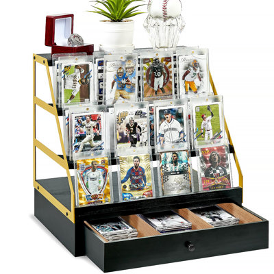 Trading Card Display, 3-tier Baseball Card Storage With Drawer, Wood Graded Card Display, Sports Card Display Case For Card Game Collection-trading Card Holder Christmas Gifts