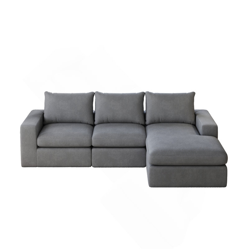 Canapé modulaire moderne en forme de L de 99 po de largeur, sans assemblage avec méridienne et canapé 3 coussins, Gris