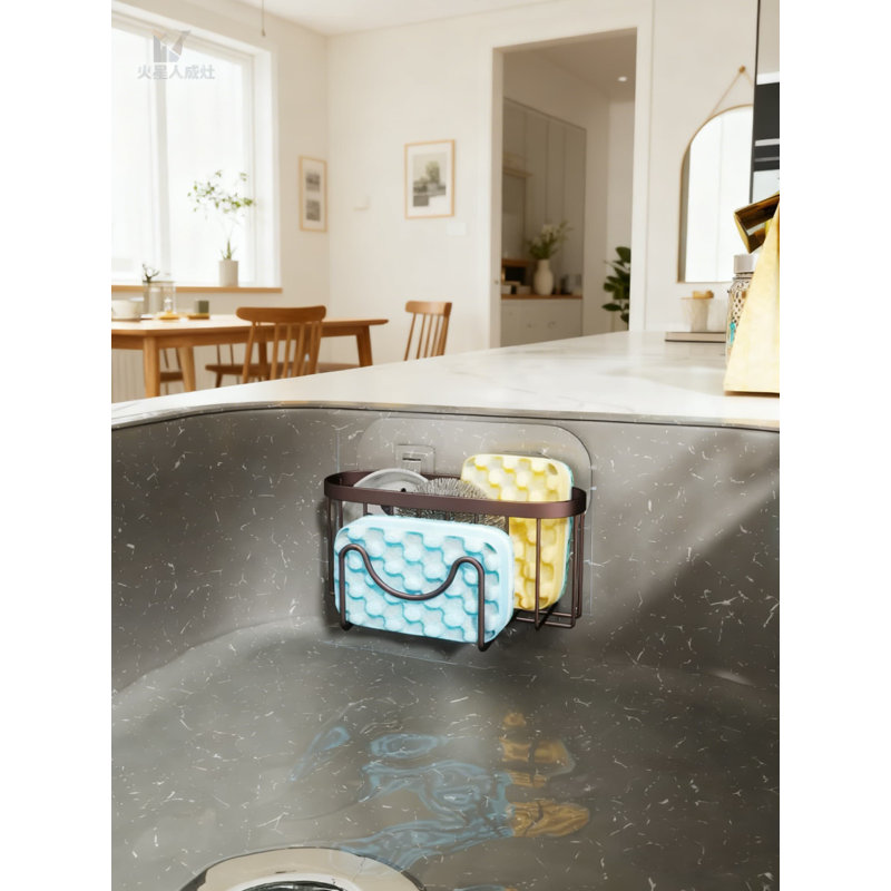 Porte-éponge multifonctionnel en acier inoxydable pour évier de cuisine en forme de M, 2 méthodes d'installation, drainage rapide et organisateur peu encombrant pour éponge, brosse et grattoir