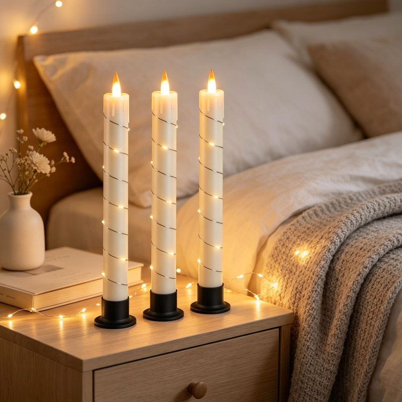 Unscented Flameless Taper Candle with Plastic Holder, Ivory