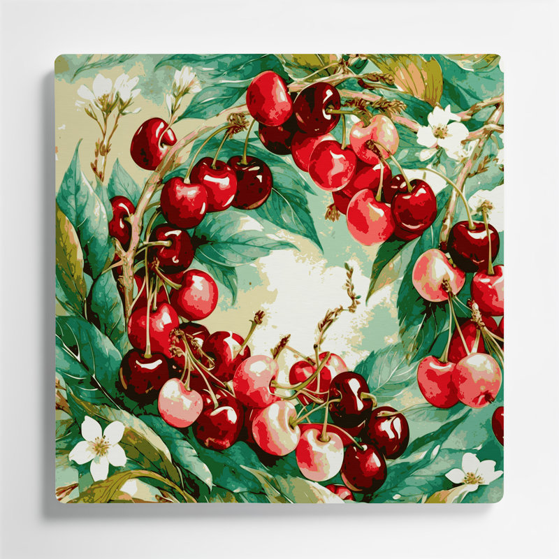 Fruit, cerise acajou, art mural en métal beige, H 16 po x l 16 po