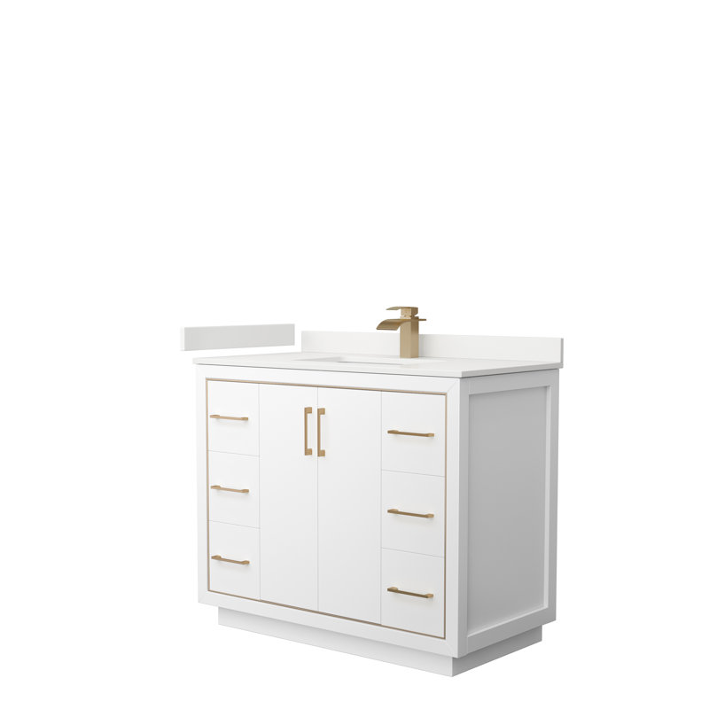 Icon 42'' Single Bathroom Vanity with Engineered Stone, Stone, Quartz Top, Giotto Quartz, White, Satin Bronze