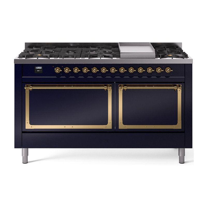 ILVE Nostalgie II Noblesse 60 in Dual Fuel Range, 9 Burner, Griddle, Liquid Propane, Midnight Blue/Brass