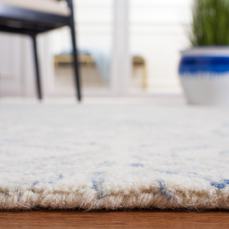 Ivory and Blue Hand Tufted Wool Silk Area Rug
