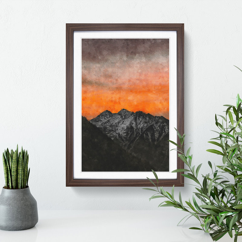 Orange Sky Above Mountains in Italy - Picture Frame Painting Print, Walnut Framed, 87cm H x 62cm W x 2cm D