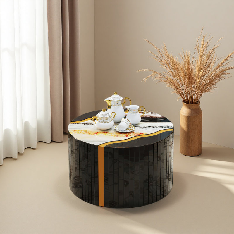 Table basse ronde à miroir en verre cylindrique avec effet miroir en poudre, motif de marbre, table d'appoint, décoration intérieure moderne, espace de vie compact