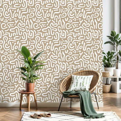 Papier peint adhésif autocollant beige et blanc à motif de lignes courbes et incurvées décoratives pour armoires de cuisine de chambre à coucher 17,7 po x 118 po