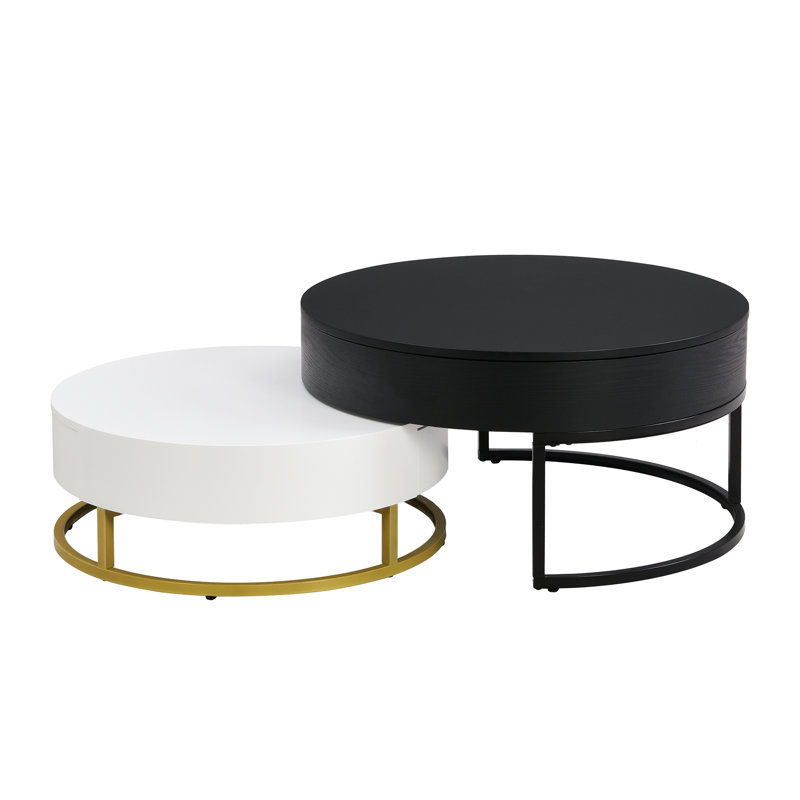Jonah Coffee Table, Lift-Top Round Nesting Table With 2 Drawers, Black/White