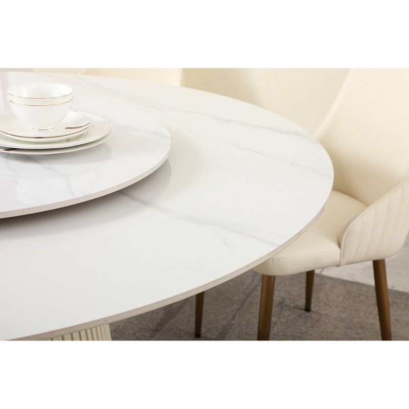 Table de salle à manger moderne en pierre frittée de 59 po avec table tournante rotative de 31,5 po, siège de 6 à 8 places, résistante aux égratignures, support en bois fin et en métal pouvant pivoter de 6 à 8 po