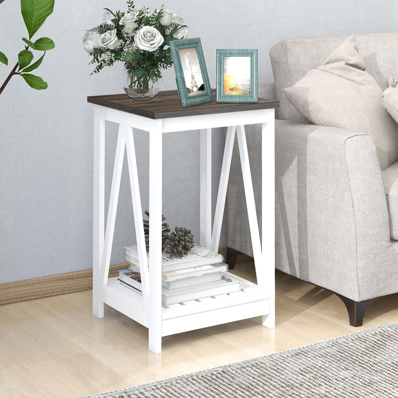 Square End Table, Accent Side Table With Slats Design, Sofa Side Nightstand Table With Sturdy Frame For Living Room Bedroom