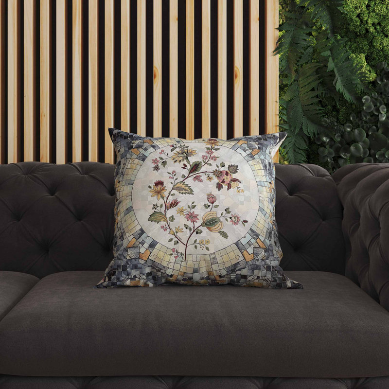 Coussin intérieur / extérieur Botanical Mosaic, Carré 16 po, Vert / jaune / rose / gris