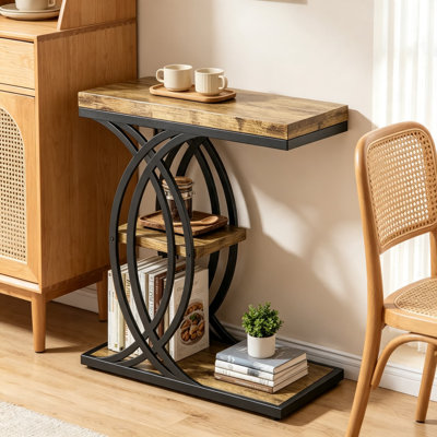 C-Shaped End Table with Metal Frame, 3-Tier Side Table for Living Room, Bedside Nightstand, Space-Saving Sofa Table with Storage, Easy Assembly, Rusti