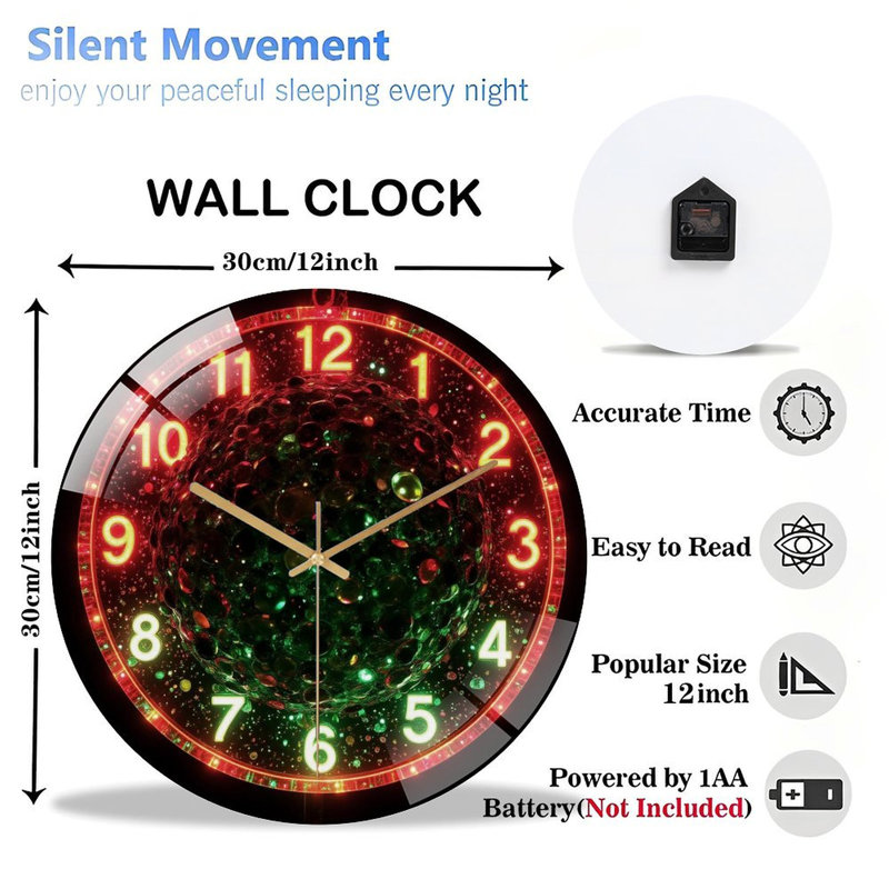 Horloge murale en verre rouge-néon-avec-sphère-verte