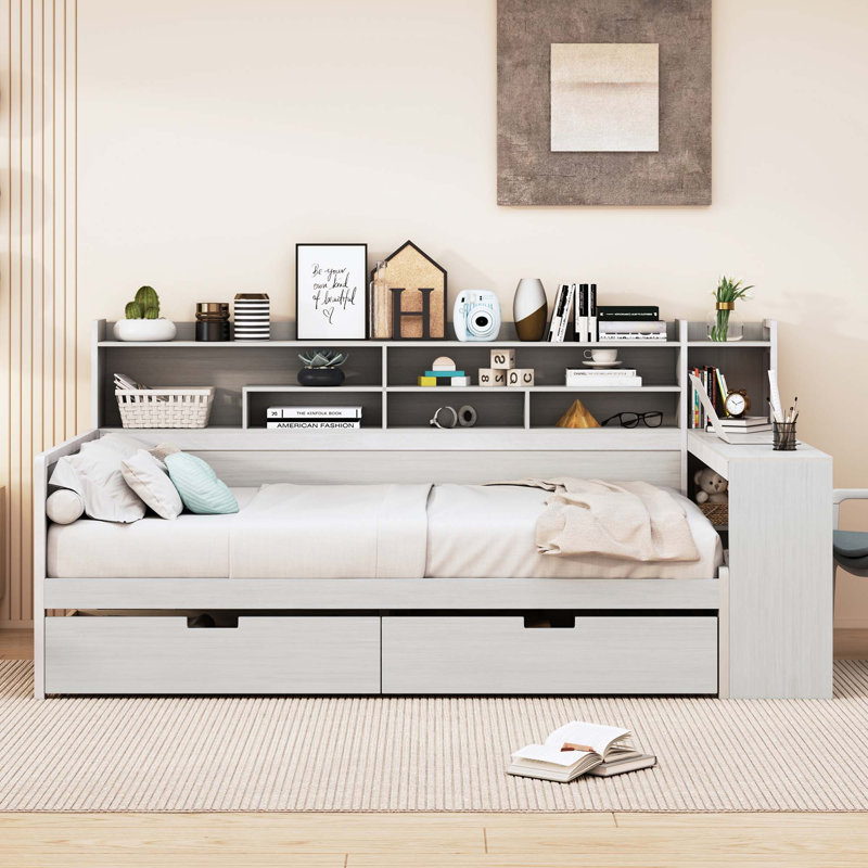 Lit plateforme avec rangement multifonctionnel, Plein, Naturel